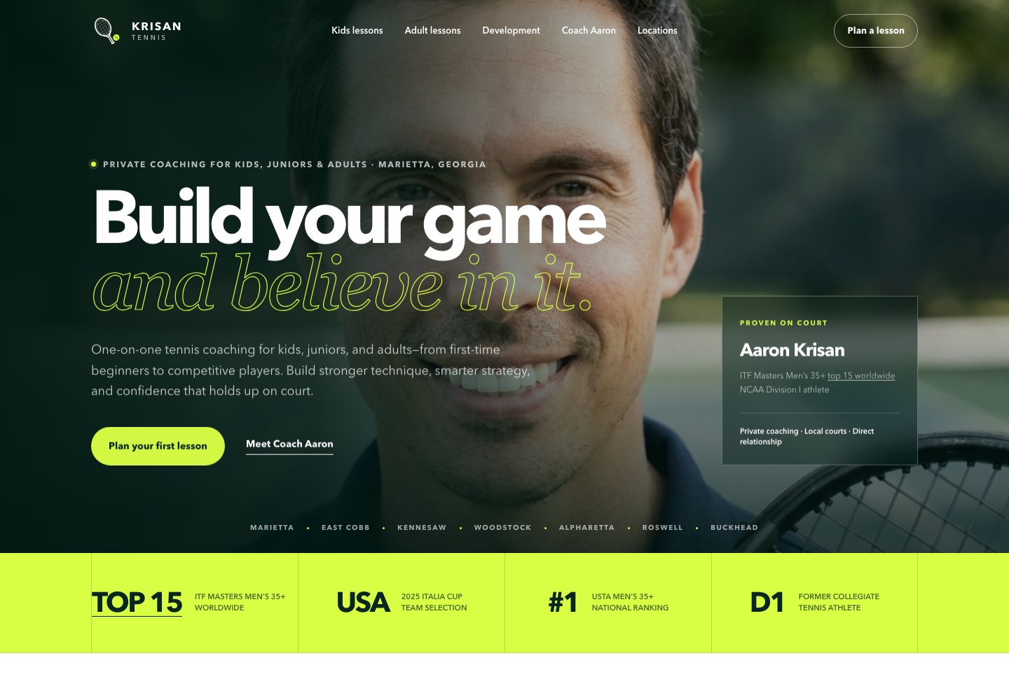 Krisan Tennis homepage combining the brand identity, Aaron’s photography, coaching message, and lesson inquiry action