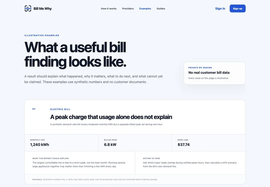 Bill Me Why examples page showing illustrative utility bill findings