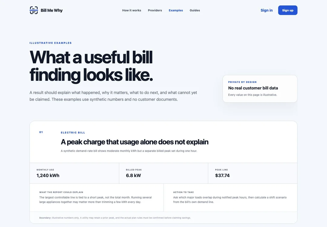 Bill Me Why examples page showing illustrative utility bill findings