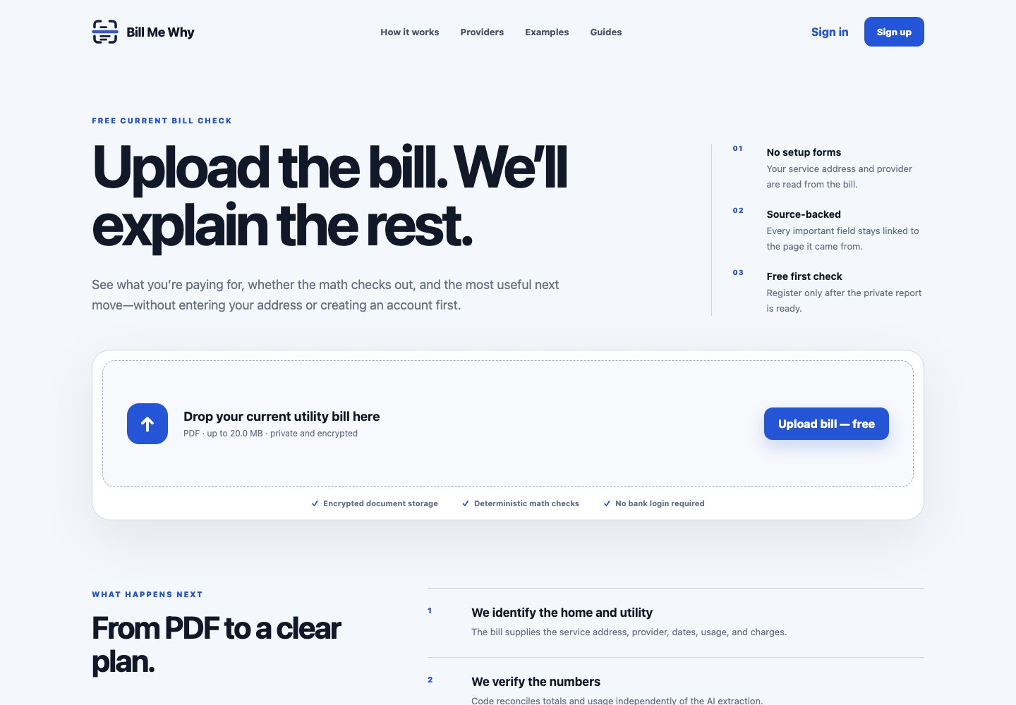 Bill Me Why development homepage with a utility bill upload area and an explanation of the analysis process
