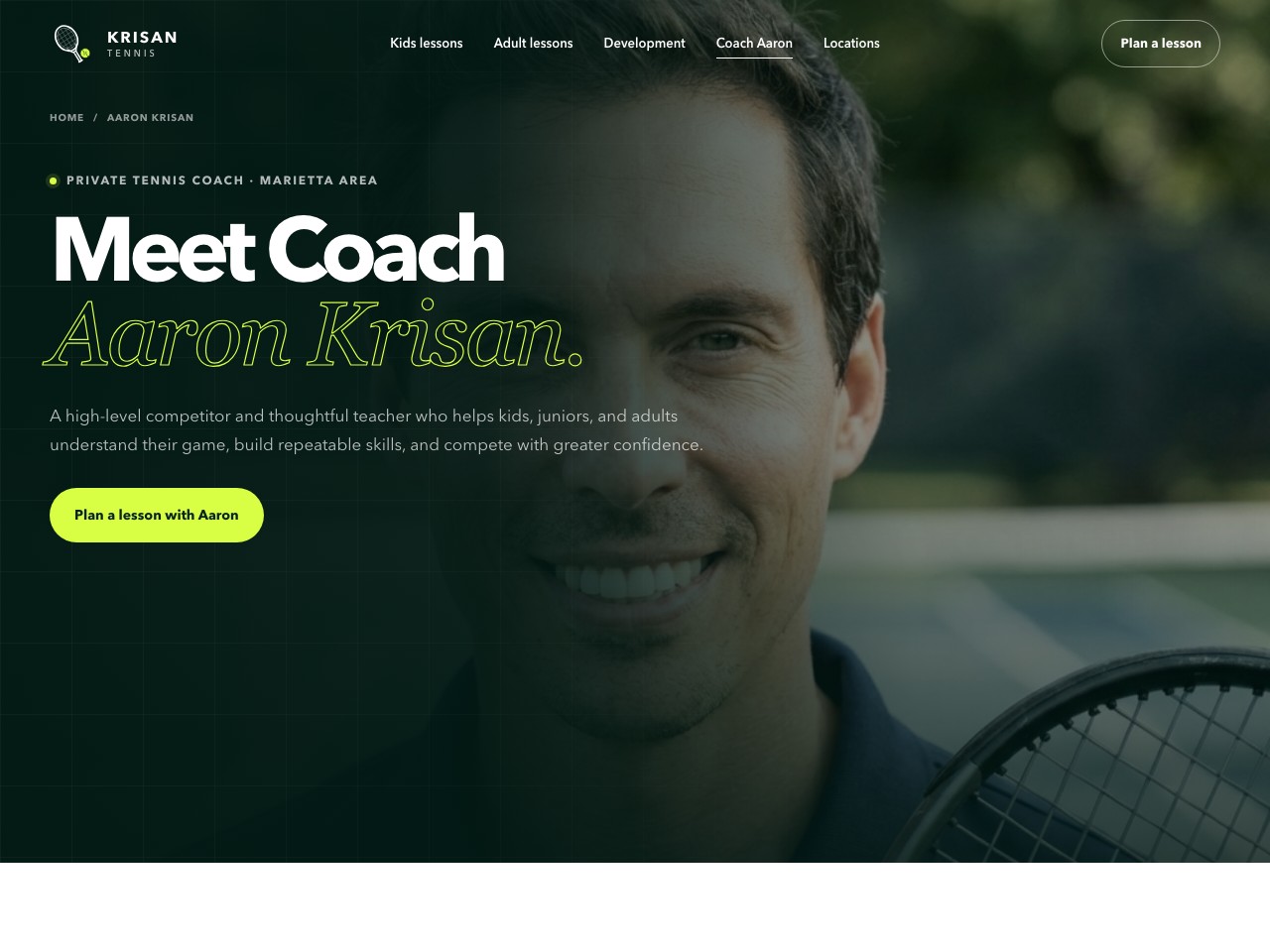 Krisan Tennis coach page with Aaron’s portrait and coaching introduction