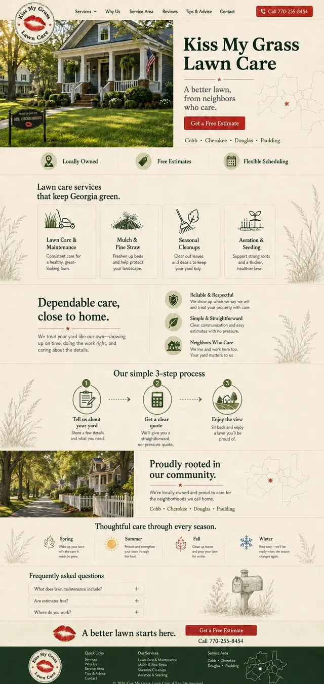 Kiss My Grass The Neighborhood Standard website concept: Warm textures, classic typography, and a familiar neighborhood character.