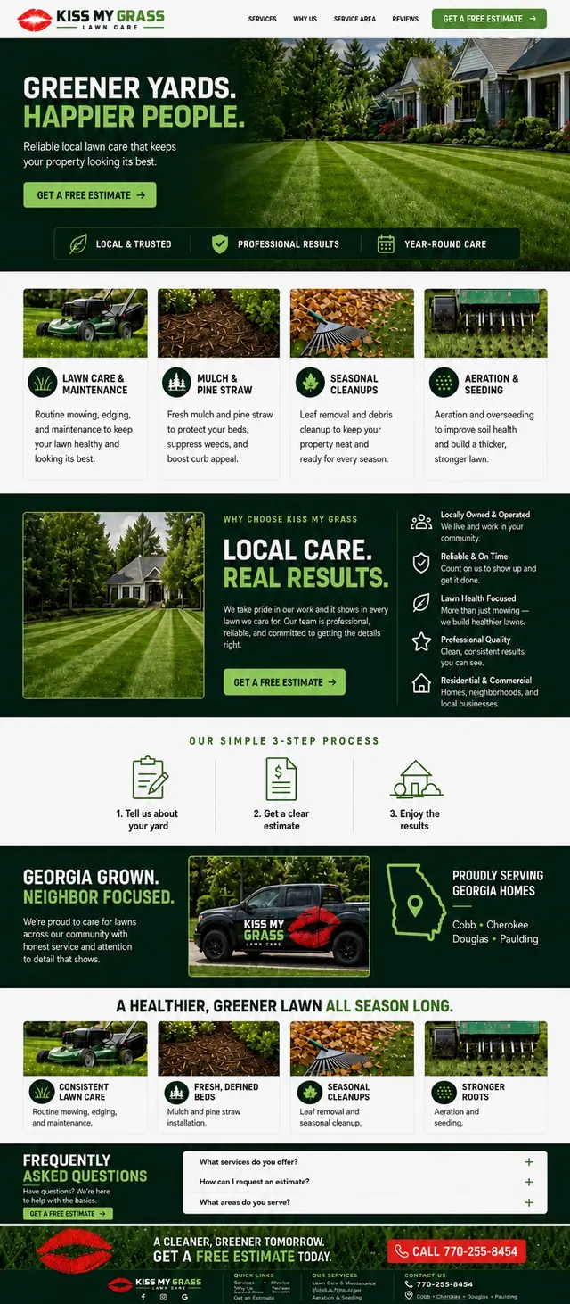 Kiss My Grass Greener Yards website concept: Strong greens, crisp service cards, and a direct, confident introduction.