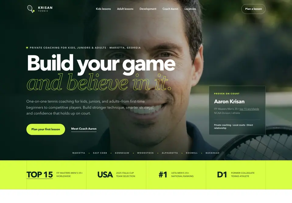 Krisan Tennis website featuring Coach Aaron and the headline Build your game and believe in it